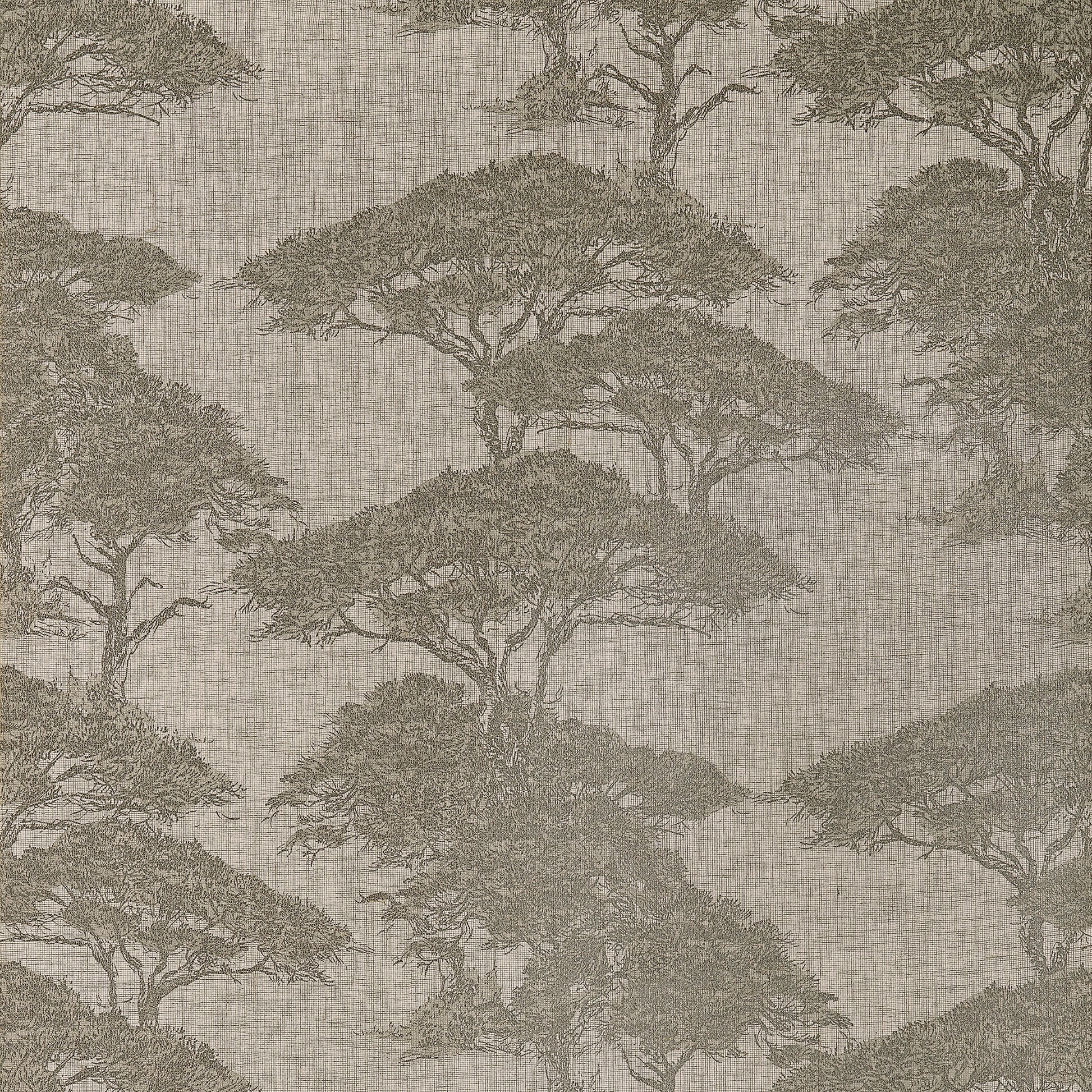 Thibaut Torrey Pines wallpaper in beige and black with layered pine tree motif over a linen mesh texture.