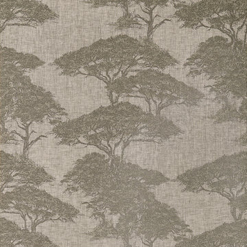 Thibaut Torrey Pines wallpaper in beige and black with layered pine tree motif over a linen mesh texture.