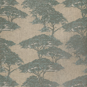 Thibaut Torrey Pines wallpaper in Spa Blue with large-scale pine trees over a natural linen mesh background.
