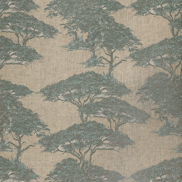 Thibaut Torrey Pines wallpaper in Spa Blue with large-scale pine trees over a natural linen mesh background.