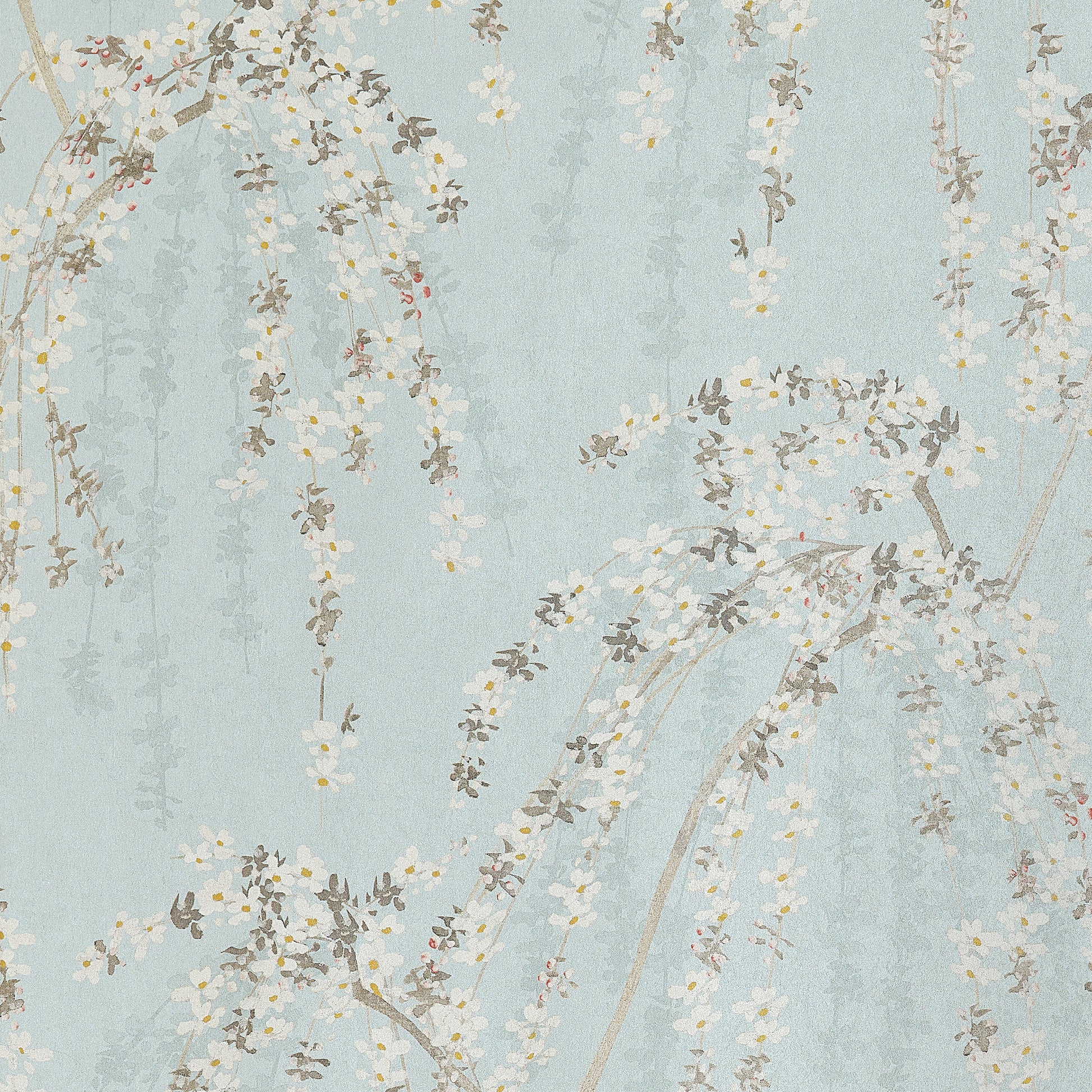 Thibaut Weeping Blossom wallpaper in Blue with cascading cherry blossom branches on a soft blue background, pattern T24456.
