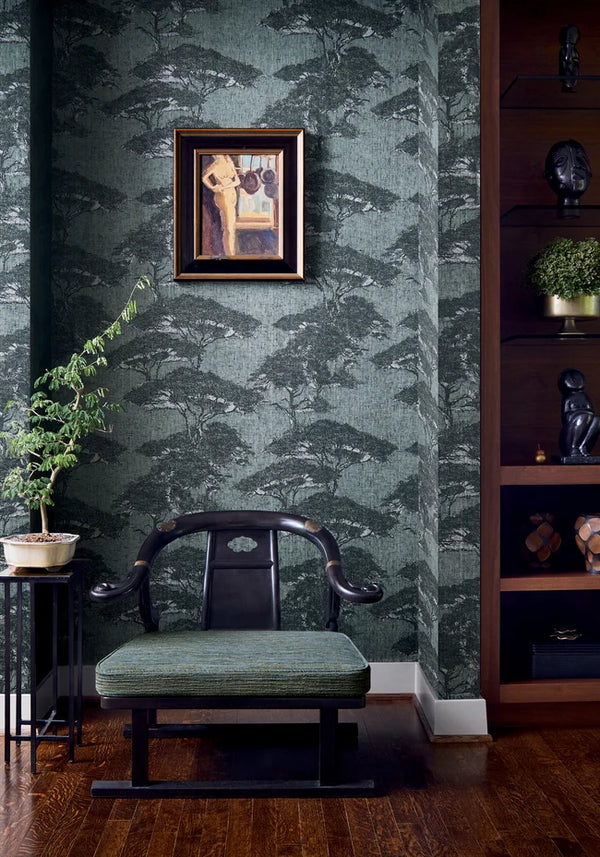 Thibaut Torrey Pines wallpaper with Linen Mesh on Non Woven shown on a feature wall in a contemporary lounge.