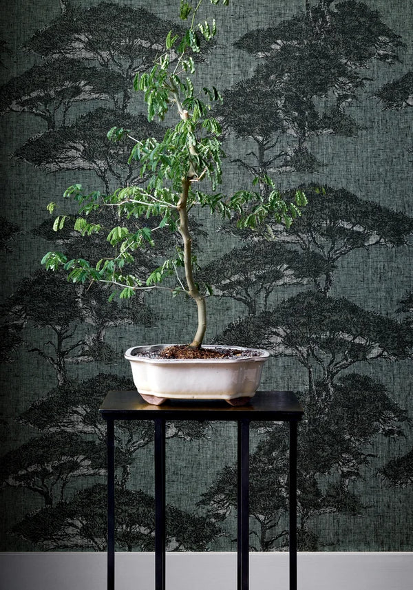 Thibaut Torrey Pines wallpaper with Linen Mesh on Non Woven shown on a feature wall in a contemporary lounge.