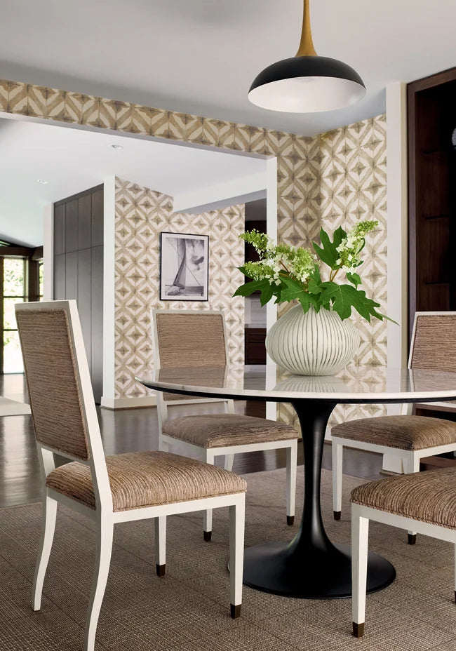 Thibaut Water Blocks wallpaper with Sisal on Non Woven shown on a feature wall in a contemporary lounge.