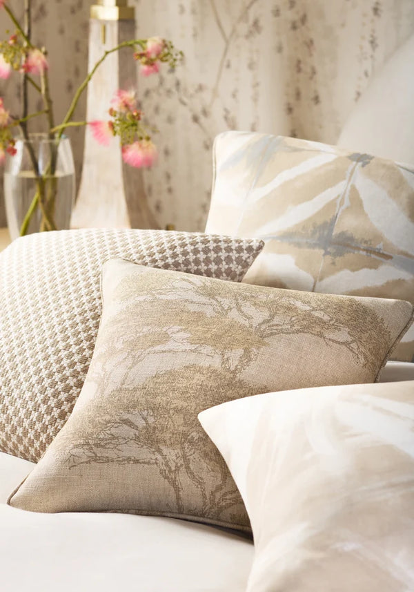 Thibaut Weeping Blossom wallpaper with Non Woven shown on a feature wall in a contemporary lounge.