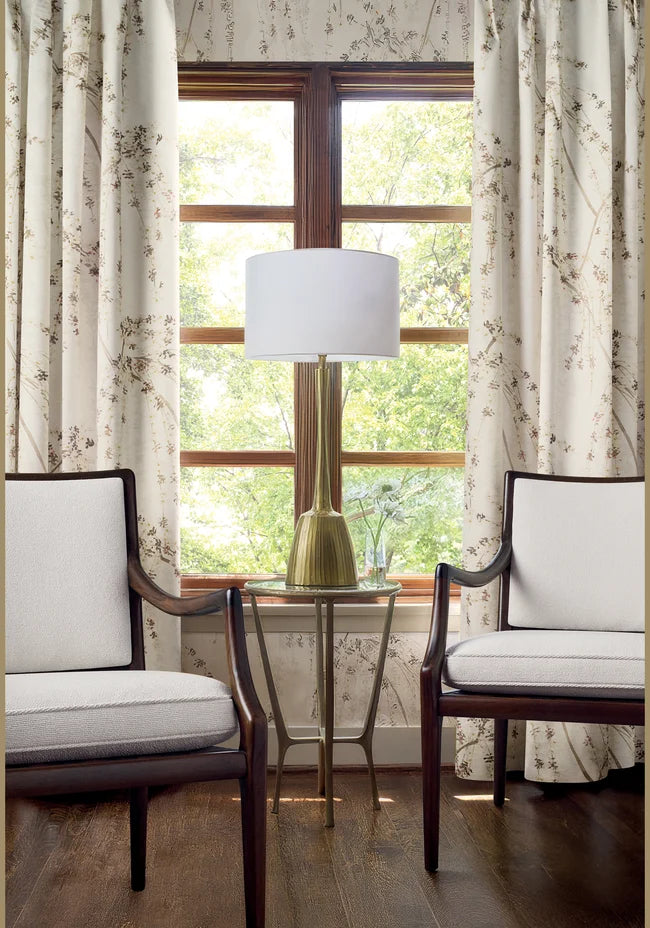 Thibaut Weeping Blossom wallpaper with Non Woven shown on a feature wall in a contemporary lounge.