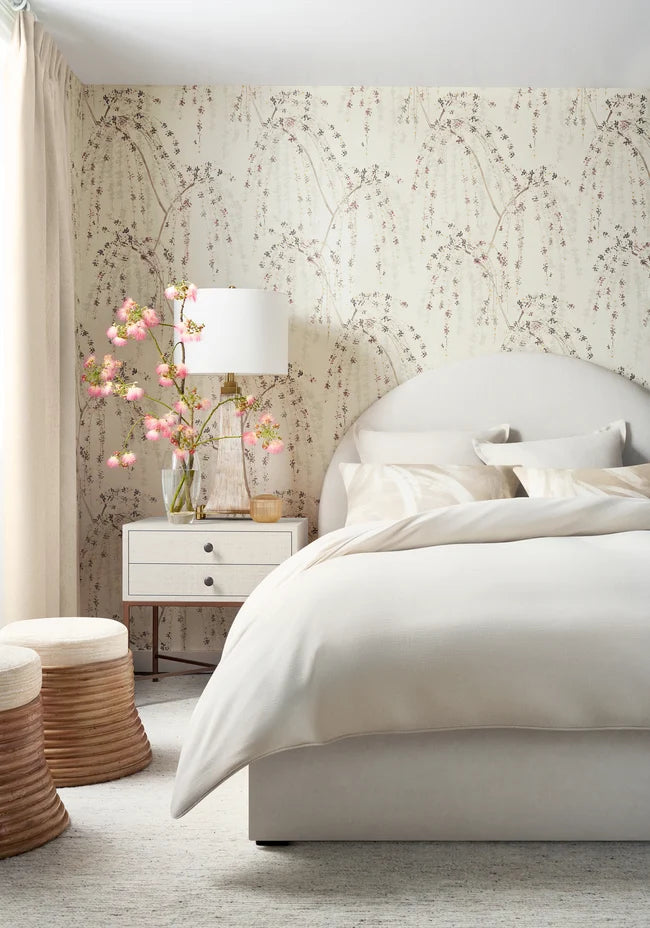 Thibaut Weeping Blossom wallpaper with Non Woven shown on a feature wall in a contemporary lounge.