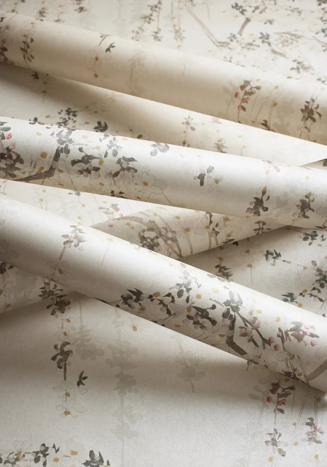 Thibaut Weeping Blossom wallpaper with Non Woven shown on a feature wall in a contemporary lounge.