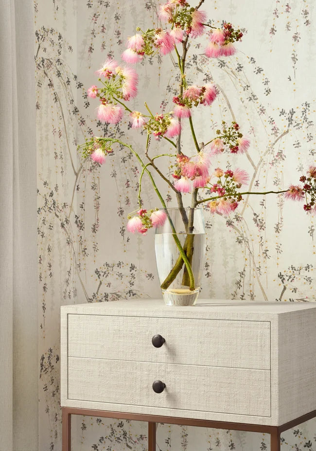 Thibaut Weeping Blossom wallpaper with Non Woven styled beside a decorative vase detail.