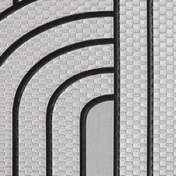 Close-up of a woven wallpaper with black curved lines with texture