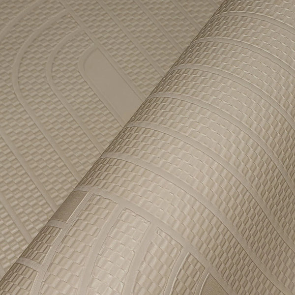Close-up of textured beige wallpaper with geometric pattern