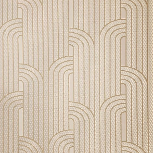 Textured beige patterned wallpaper with wavy lines on a white background